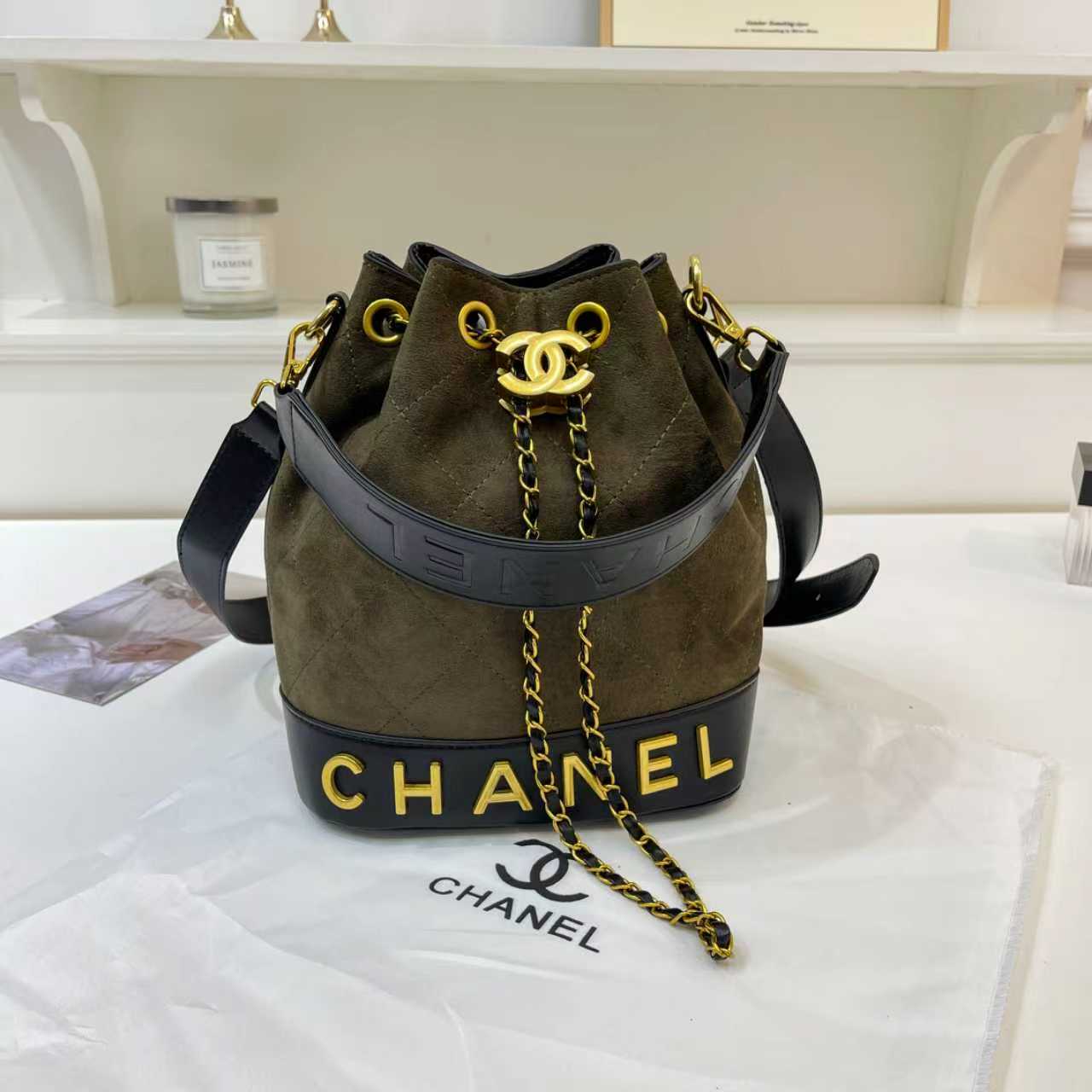 Chanel inspired Suade bucket handbag