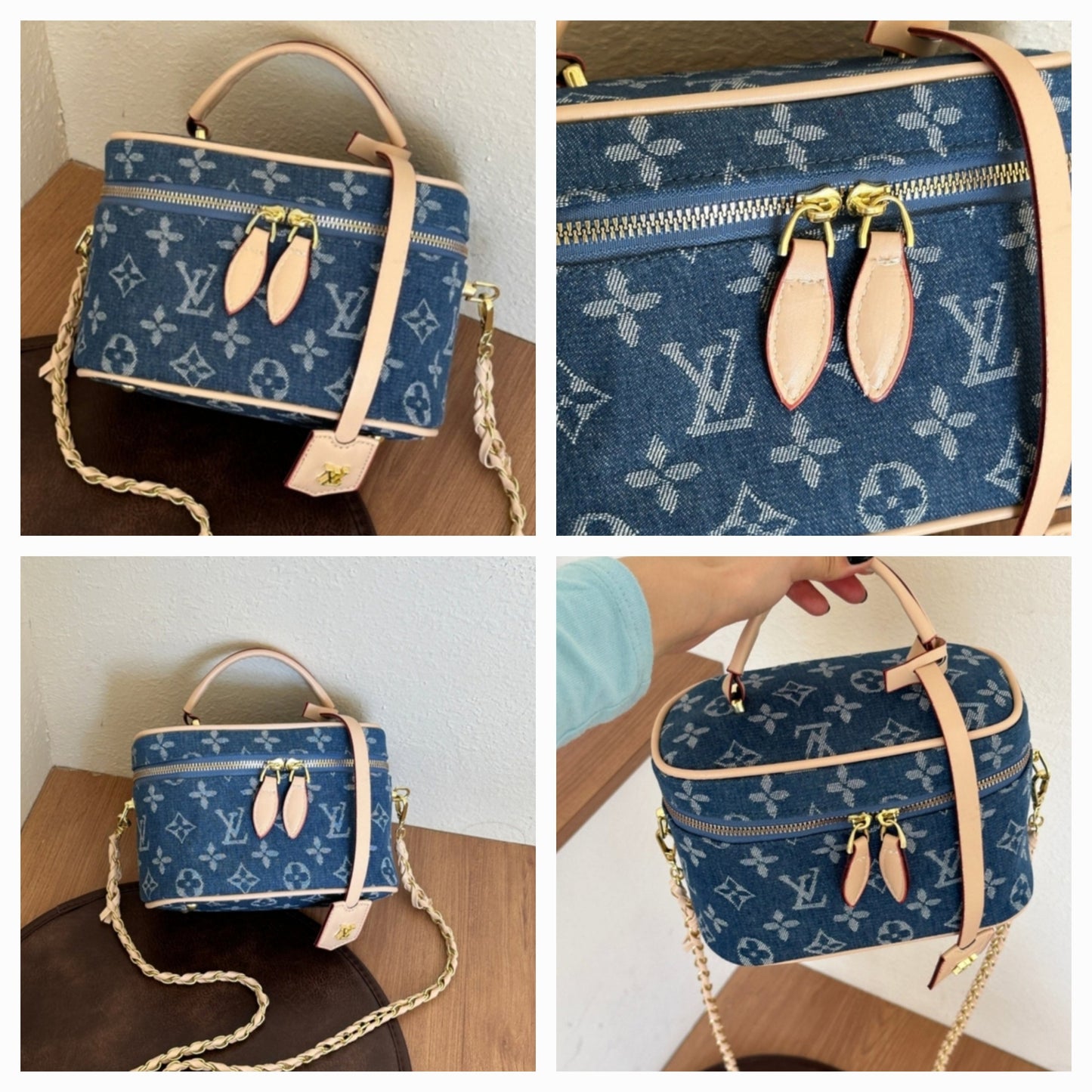 LV inspired denim cosmetics bag