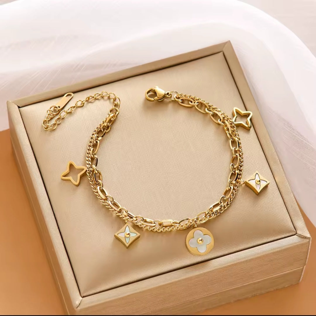 LV inspired four leaf clover charm bracelet