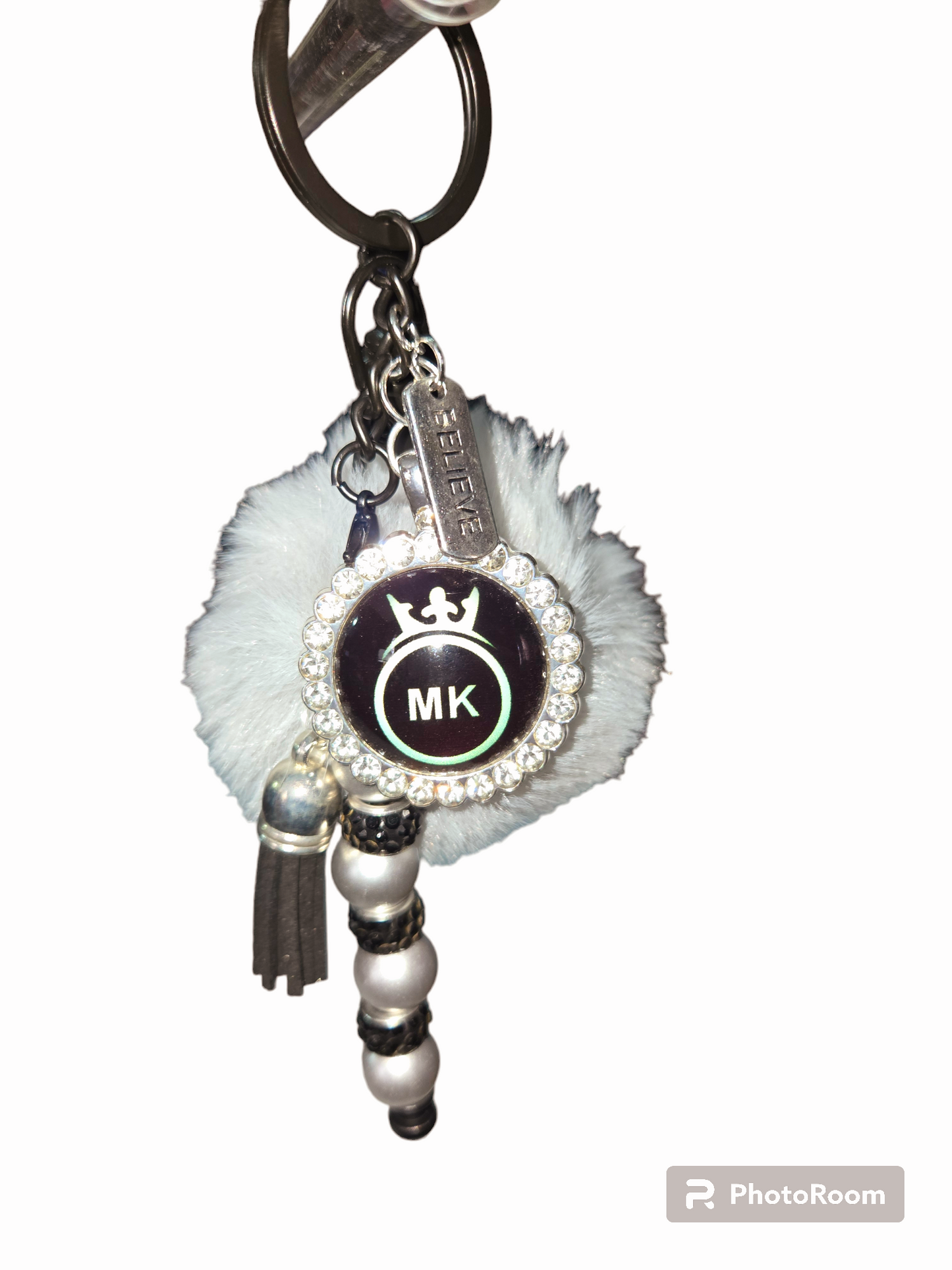 Pom pom beaded bar key chain