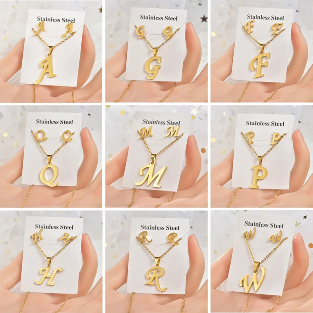 Stainless Steel Silver Gold Alphabet Necklace and Earrings set