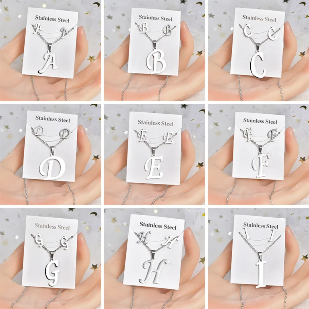 Stainless Steel silver Alphabet Necklace and Earrings