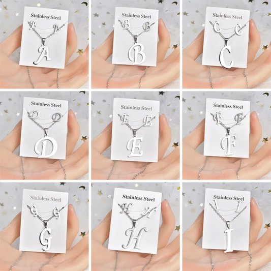 Stainless Steel silver Alphabet Necklace and Earrings