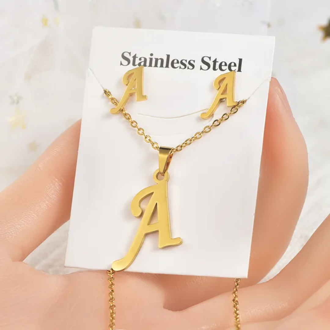 Stainless Steel Silver Gold Alphabet Necklace and Earrings set
