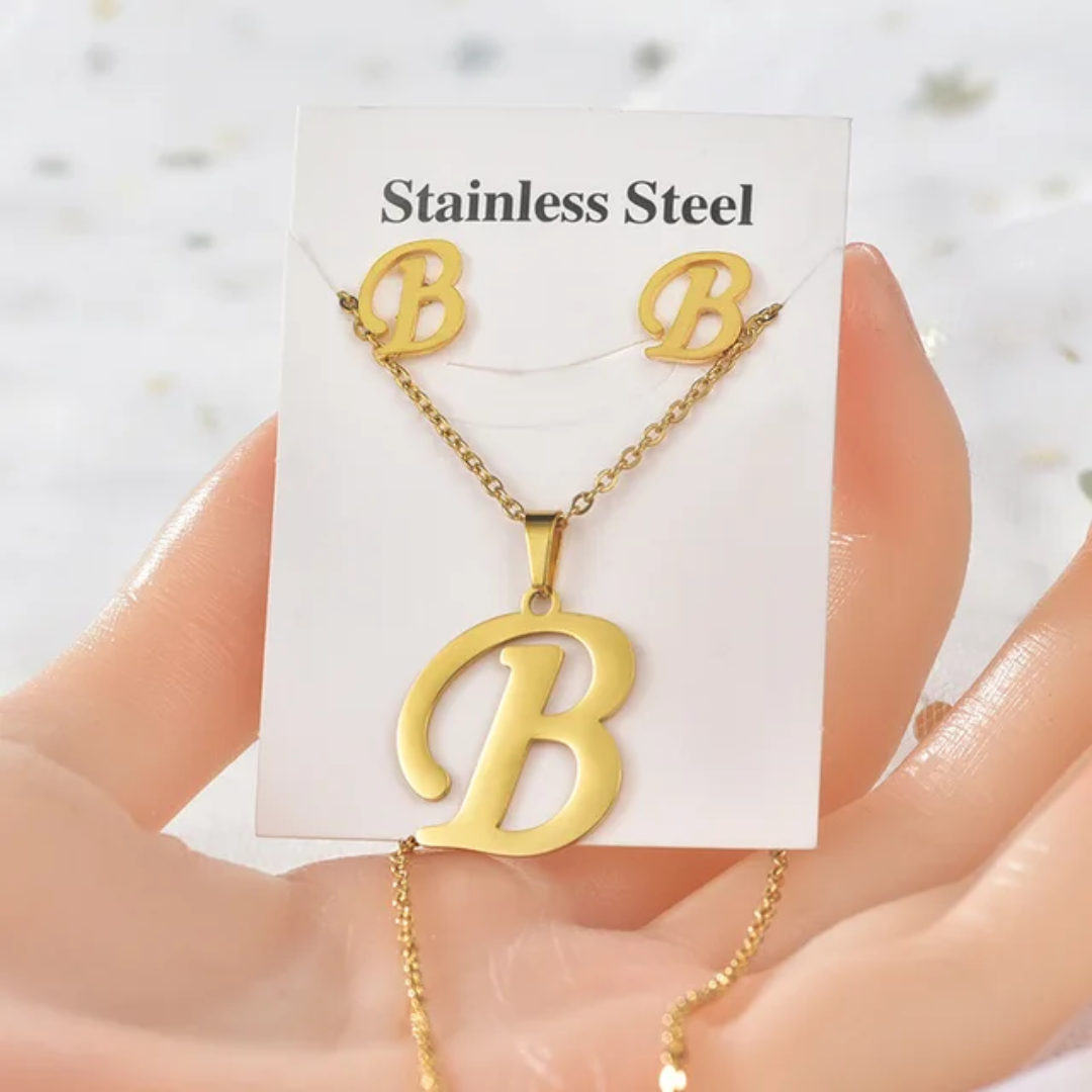 Stainless Steel Silver Gold Alphabet Necklace and Earrings set