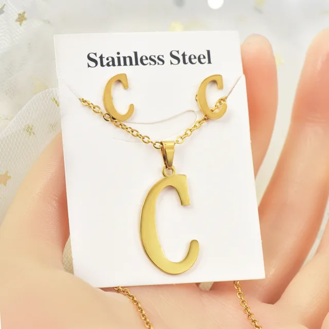 Stainless Steel Silver Gold Alphabet Necklace and Earrings set