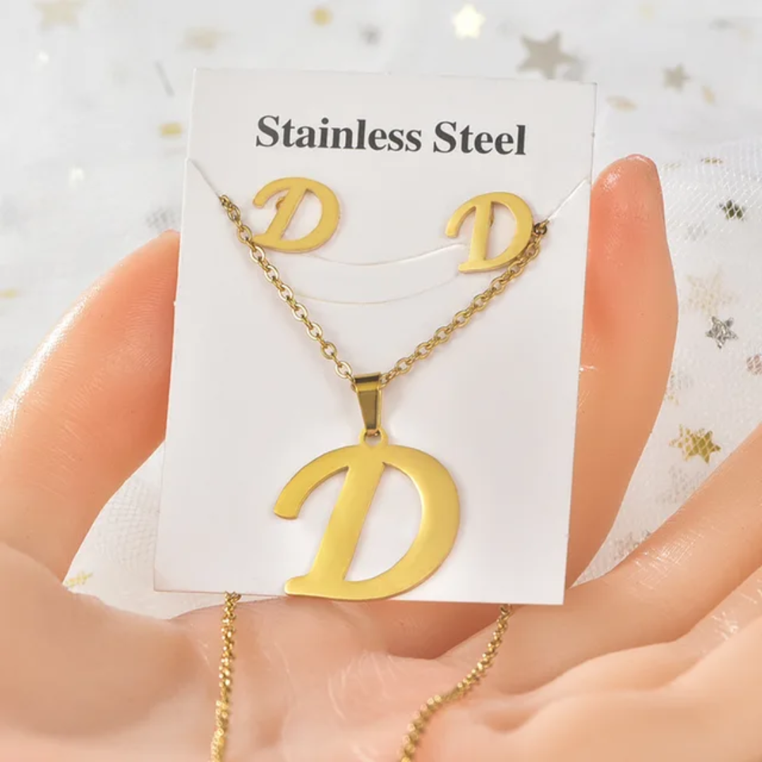 Stainless Steel Silver Gold Alphabet Necklace and Earrings set