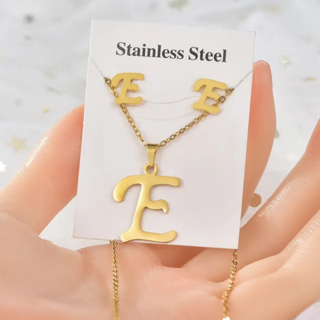 Stainless Steel Silver Gold Alphabet Necklace and Earrings set