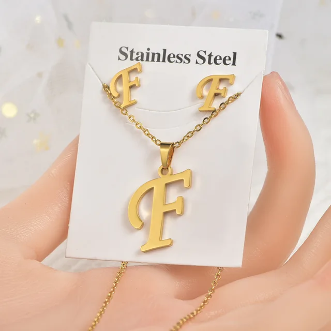 Stainless Steel Silver Gold Alphabet Necklace and Earrings set