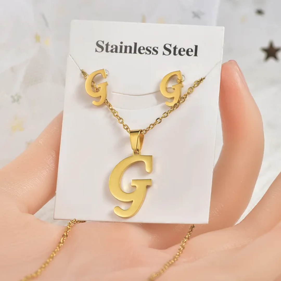 Stainless Steel Silver Gold Alphabet Necklace and Earrings set