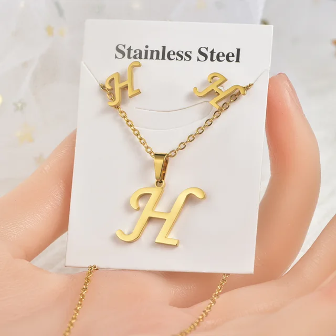 Stainless Steel Silver Gold Alphabet Necklace and Earrings set