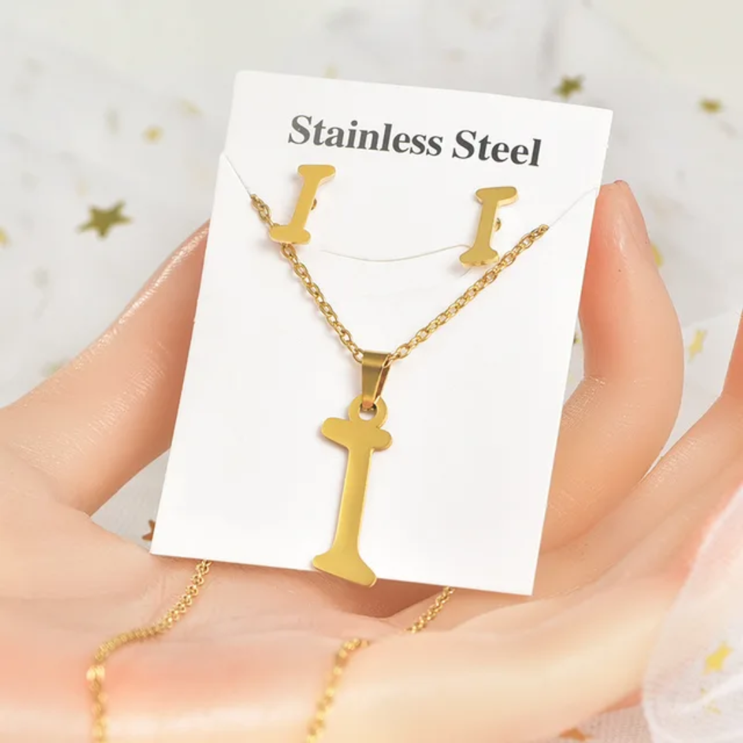 Stainless Steel Silver Gold Alphabet Necklace and Earrings set