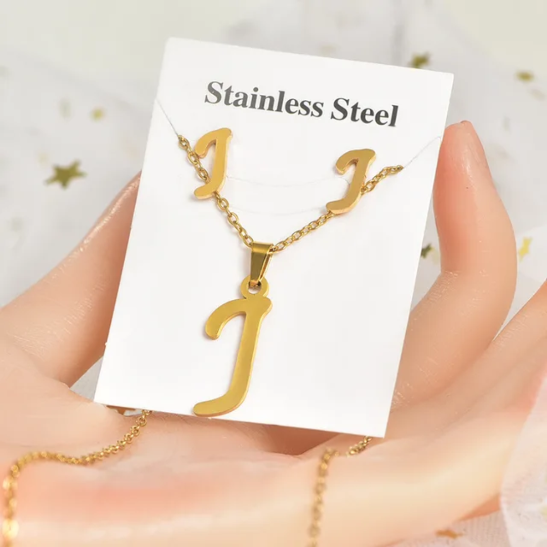 Stainless Steel Silver Gold Alphabet Necklace and Earrings set