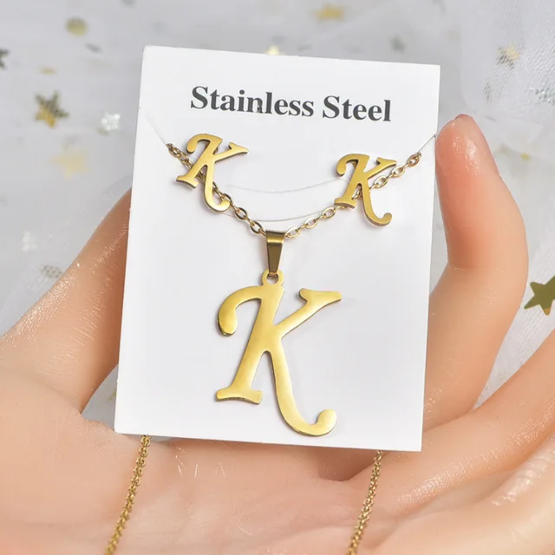 Stainless Steel Silver Gold Alphabet Necklace and Earrings set