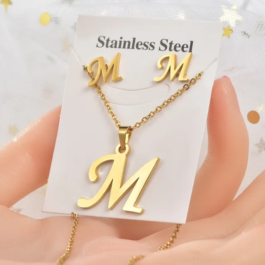 Stainless Steel Silver Gold Alphabet Necklace and Earrings set