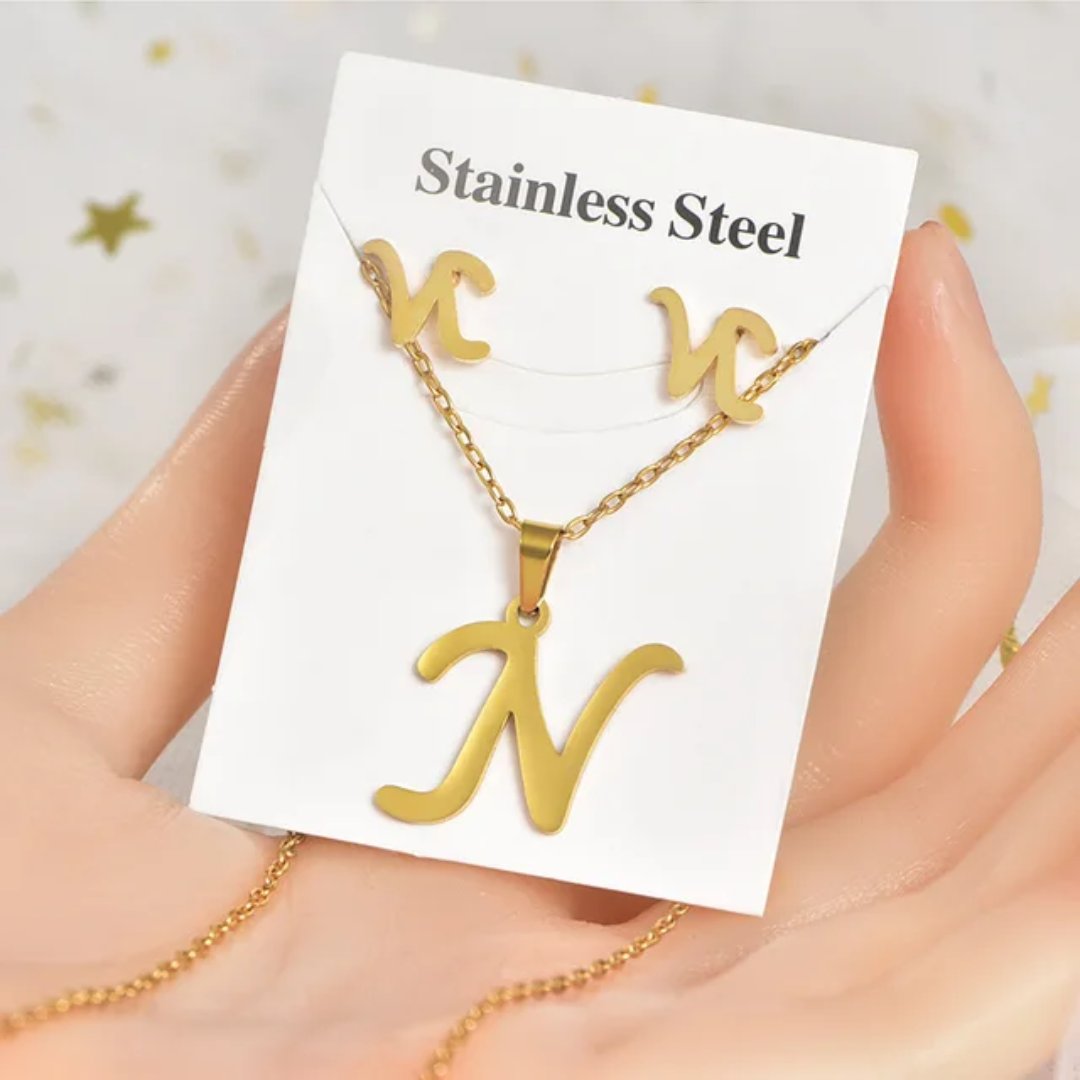Stainless Steel Silver Gold Alphabet Necklace and Earrings set