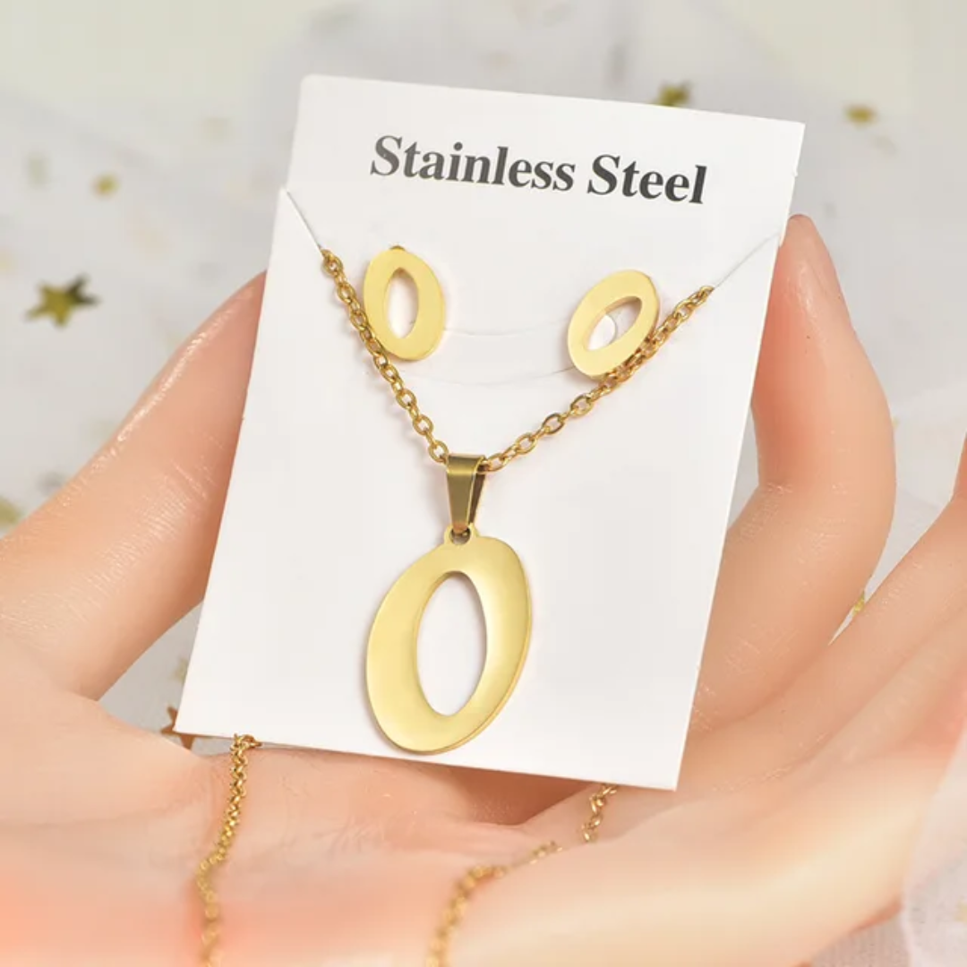 Stainless Steel Silver Gold Alphabet Necklace and Earrings set