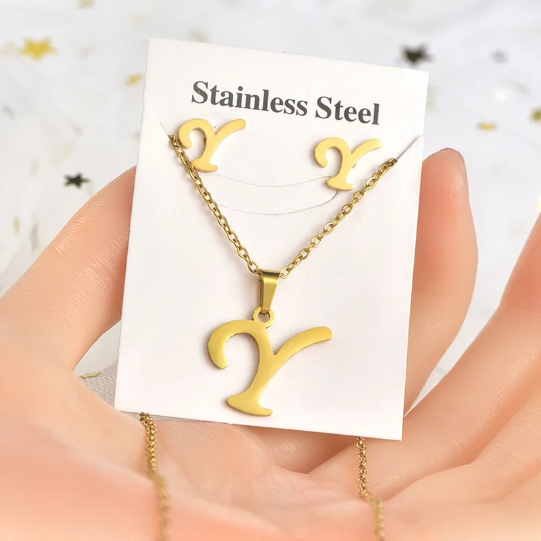 Stainless Steel Silver Gold Alphabet Necklace and Earrings set