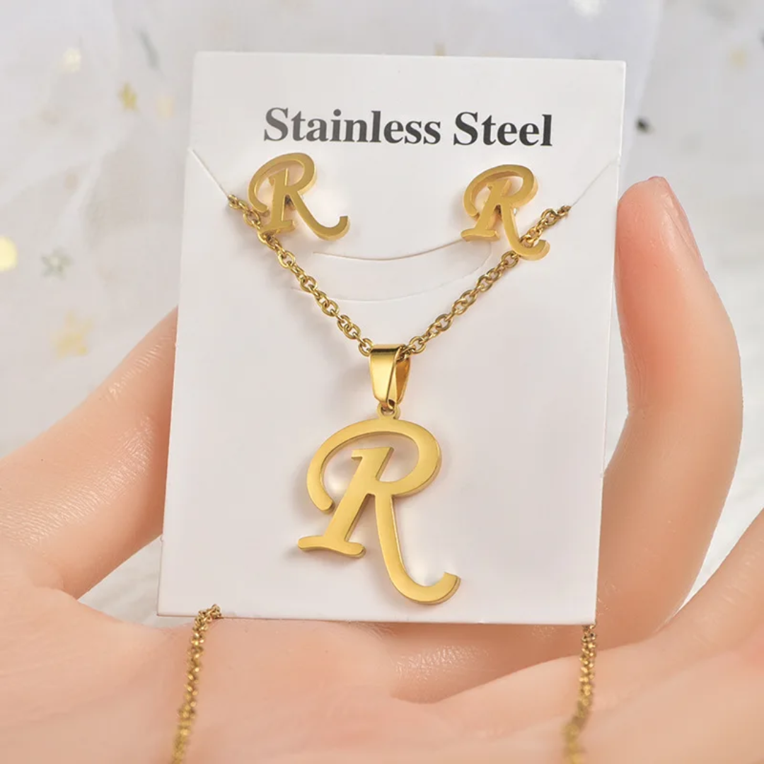 Stainless Steel Silver Gold Alphabet Necklace and Earrings set