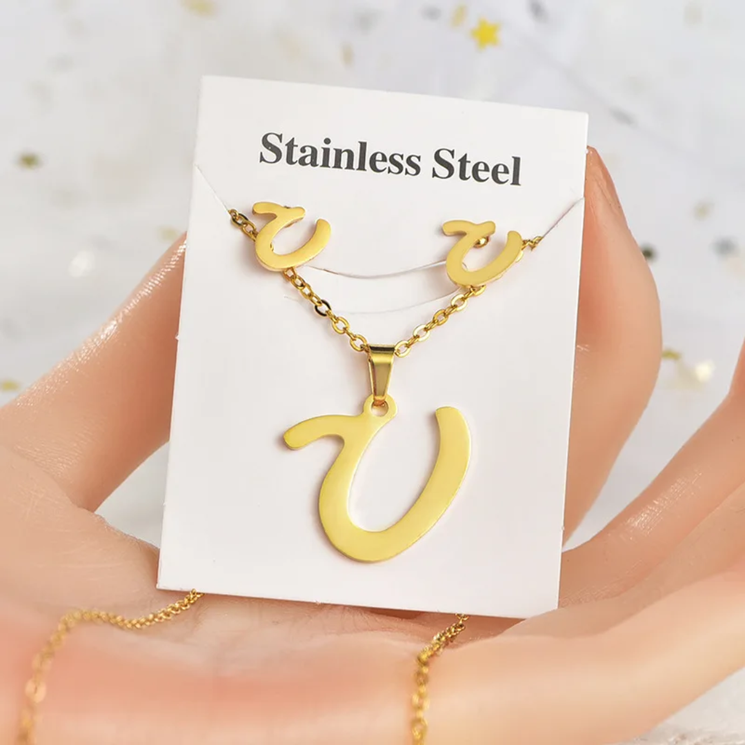 Stainless Steel Silver Gold Alphabet Necklace and Earrings set