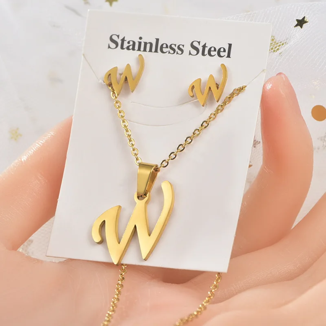 Stainless Steel Silver Gold Alphabet Necklace and Earrings set
