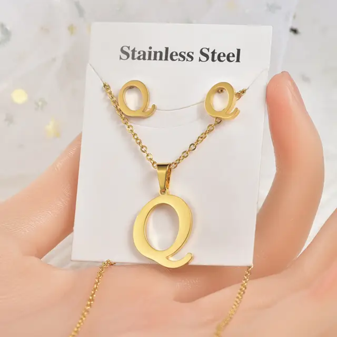 Stainless Steel Silver Gold Alphabet Necklace and Earrings set