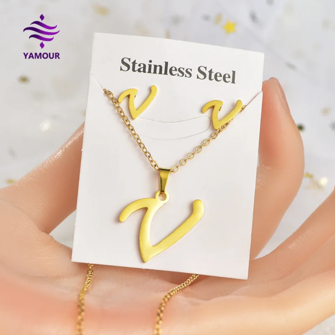 Stainless Steel Silver Gold Alphabet Necklace and Earrings set