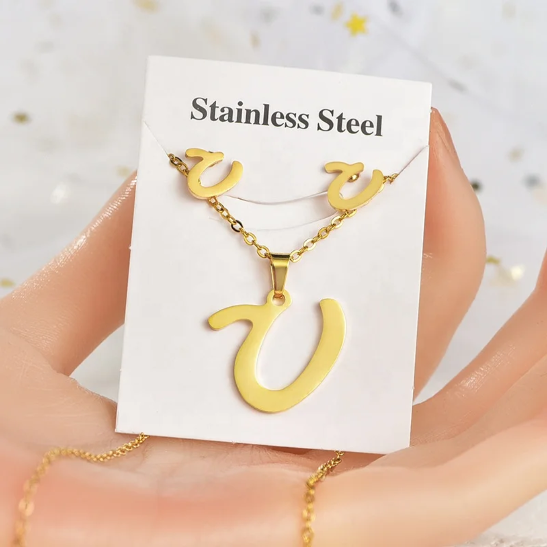 Stainless Steel Silver Gold Alphabet Necklace and Earrings set
