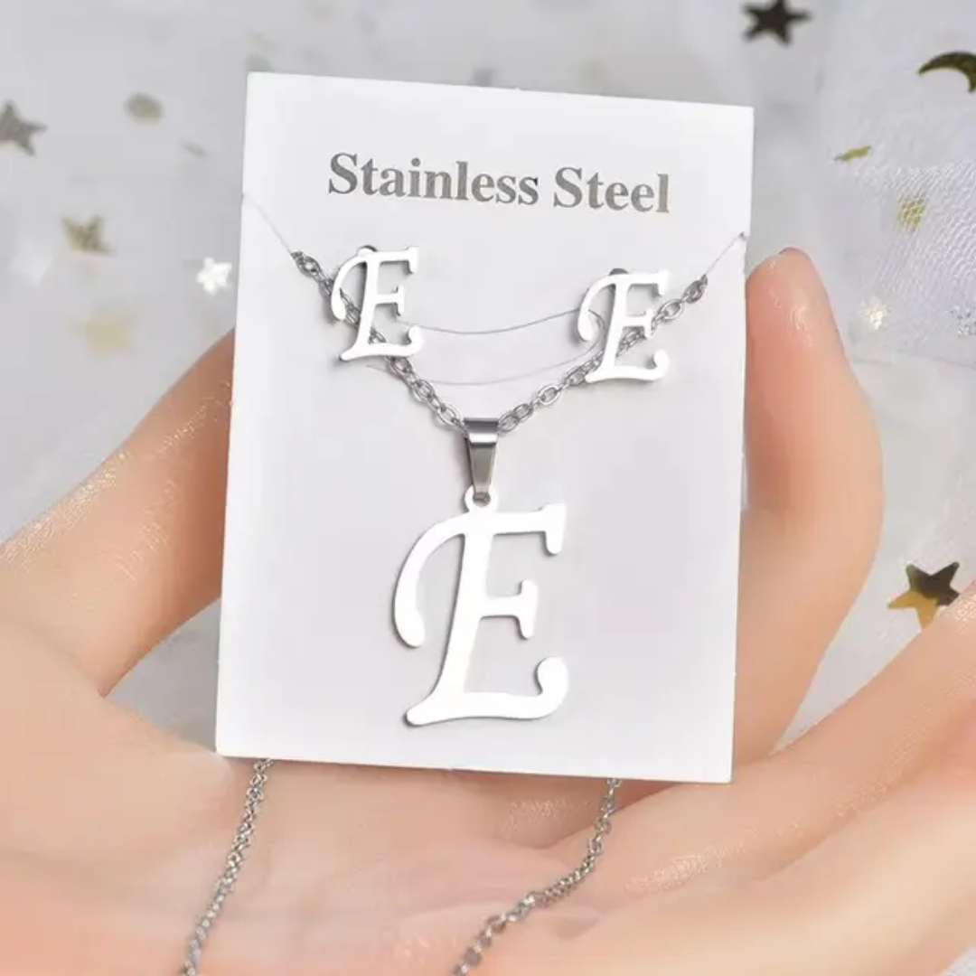 Stainless Steel silver Alphabet Necklace and Earrings