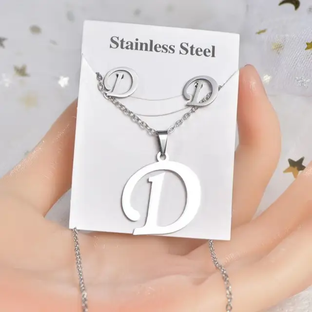Stainless Steel silver Alphabet Necklace and Earrings
