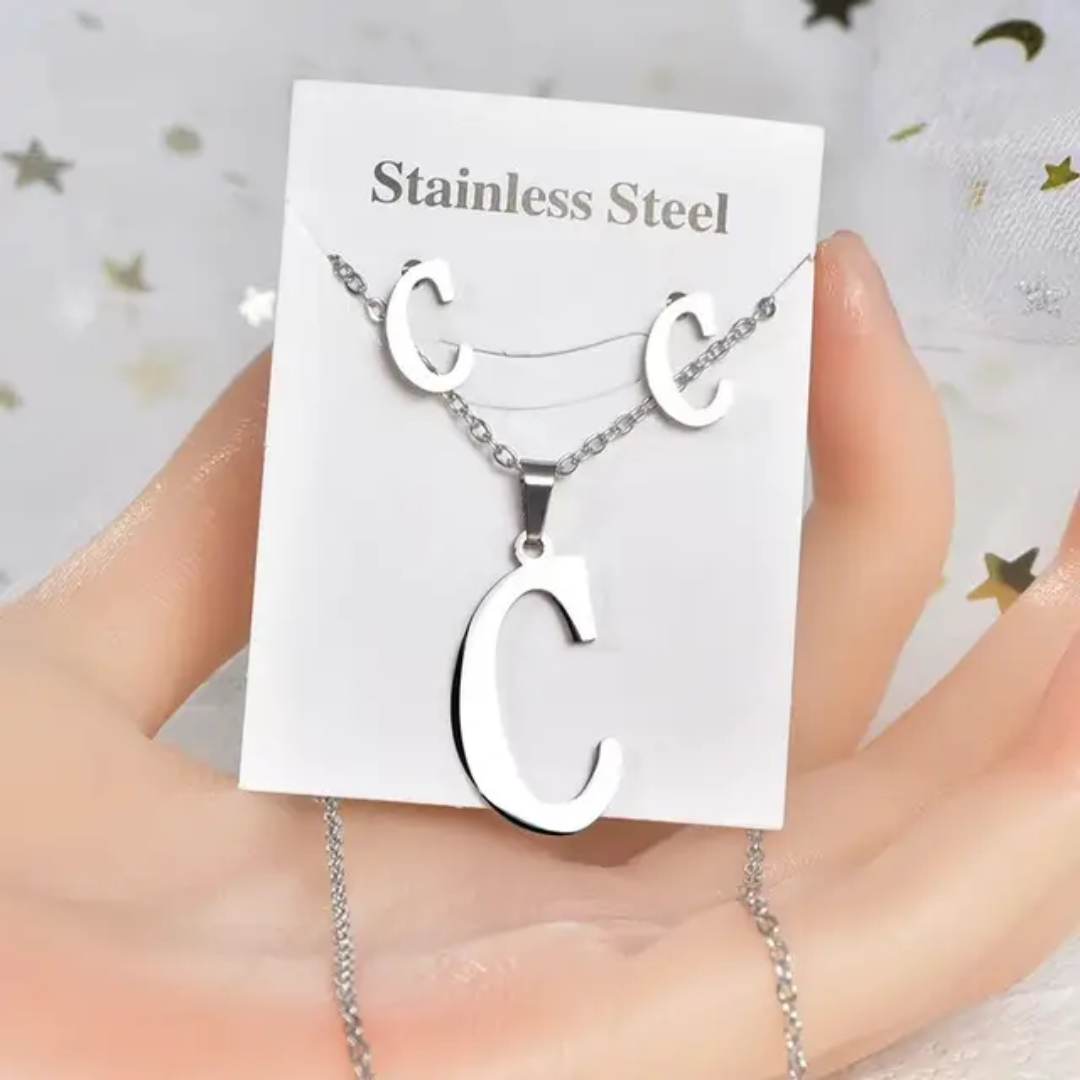 Stainless Steel silver Alphabet Necklace and Earrings