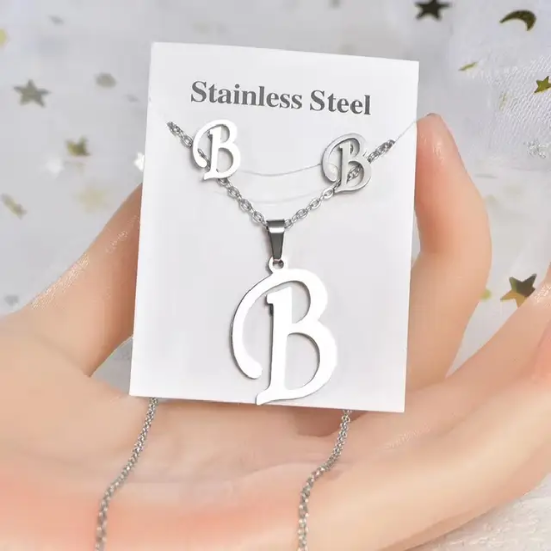 Stainless Steel silver Alphabet Necklace and Earrings