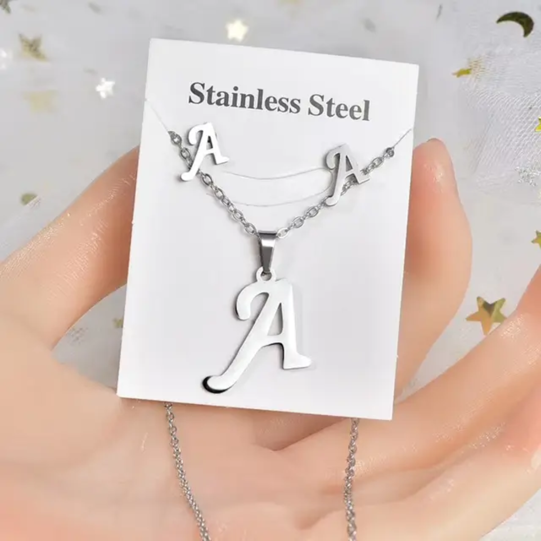 Stainless Steel silver Alphabet Necklace and Earrings