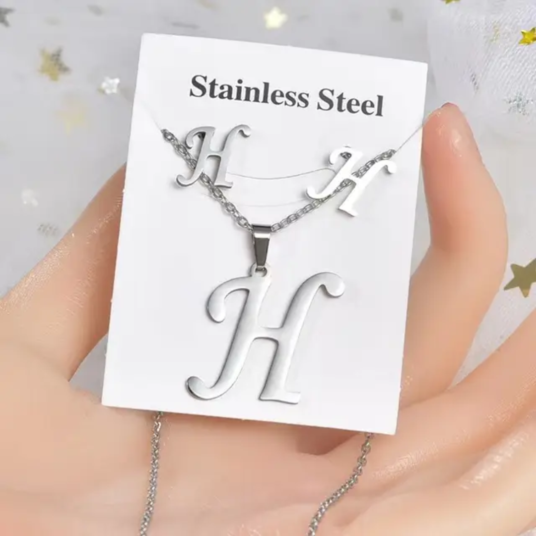 Stainless Steel silver Alphabet Necklace and Earrings