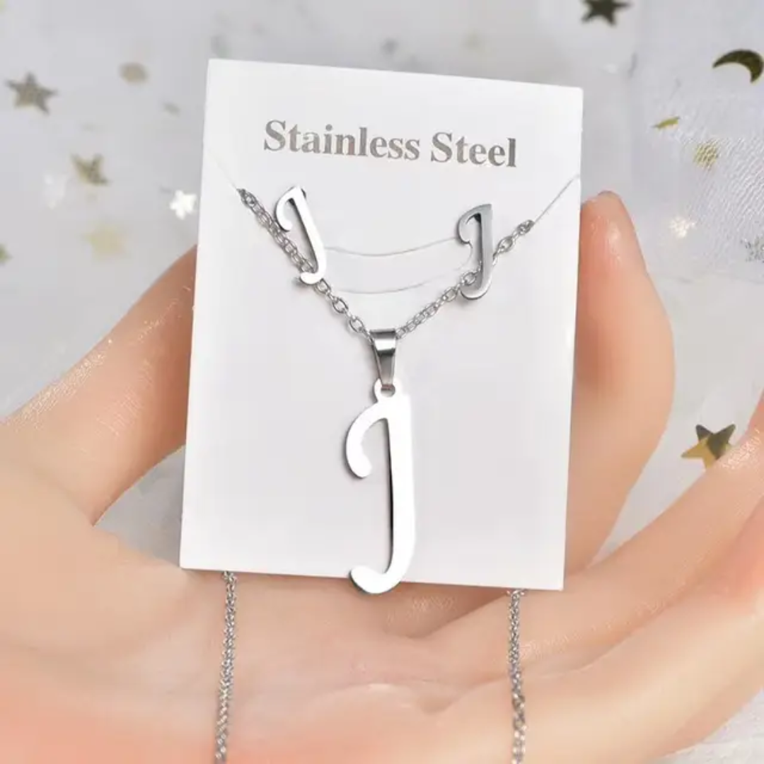 Stainless Steel silver Alphabet Necklace and Earrings