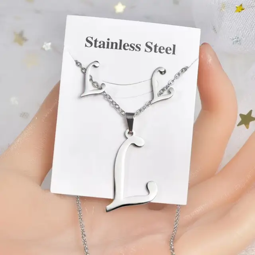 Stainless Steel silver Alphabet Necklace and Earrings