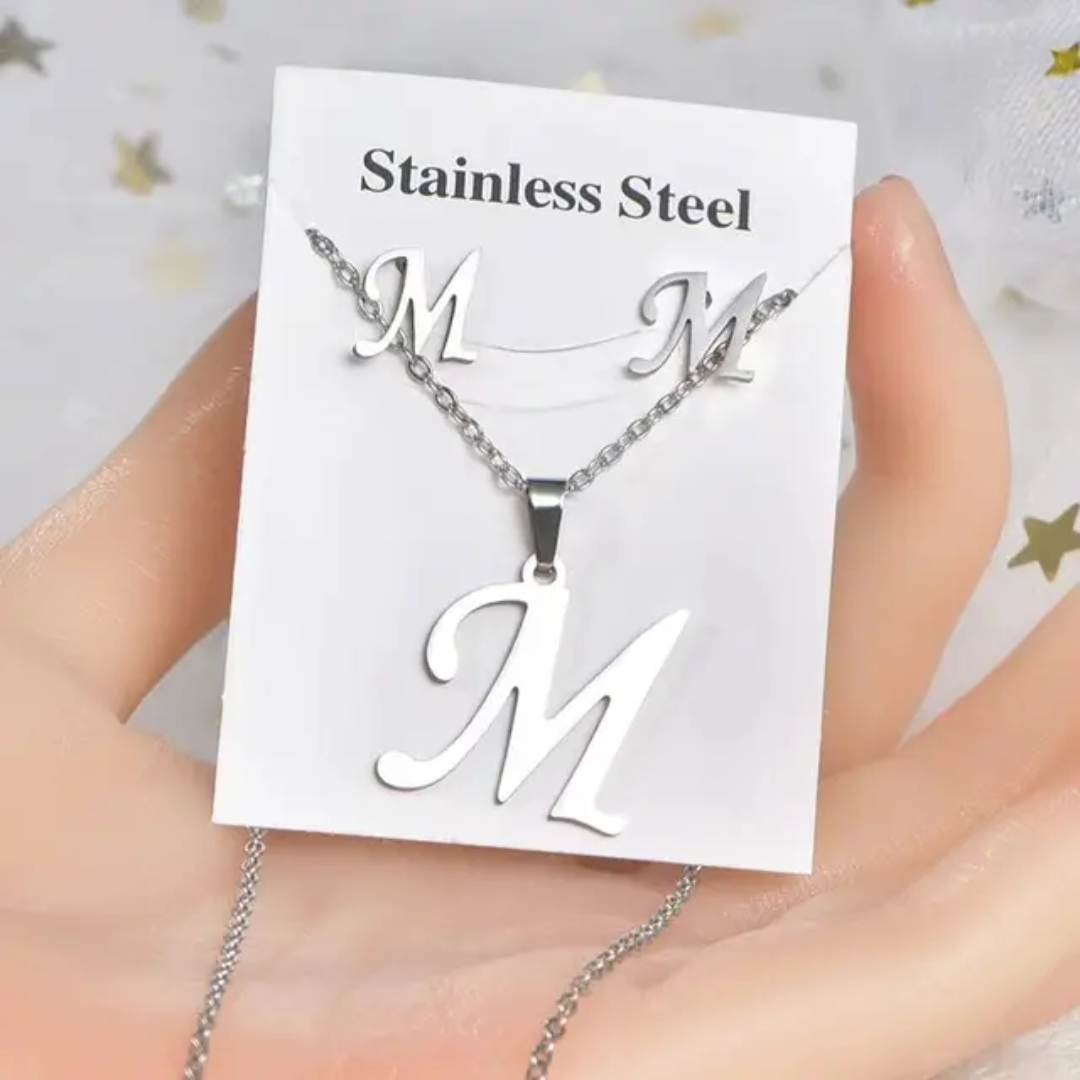 Stainless Steel silver Alphabet Necklace and Earrings