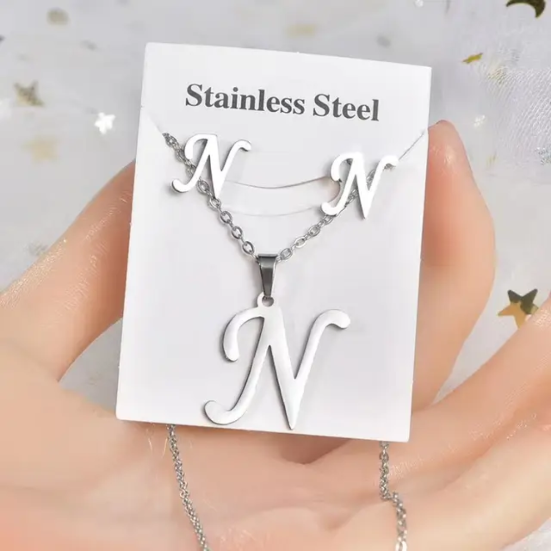 Stainless Steel silver Alphabet Necklace and Earrings