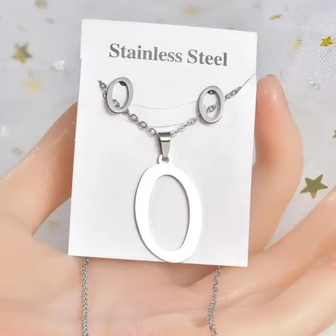 Stainless Steel silver Alphabet Necklace and Earrings