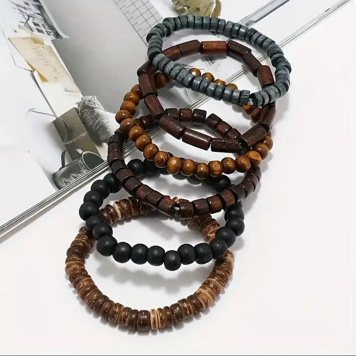 Stackable wooden beaded  men bracelet set