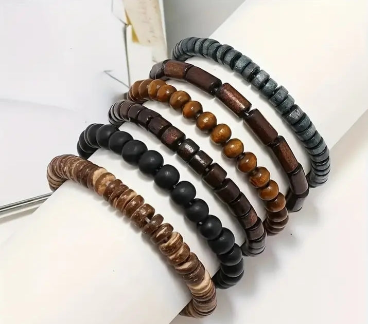 Stackable wooden beaded  men bracelet set