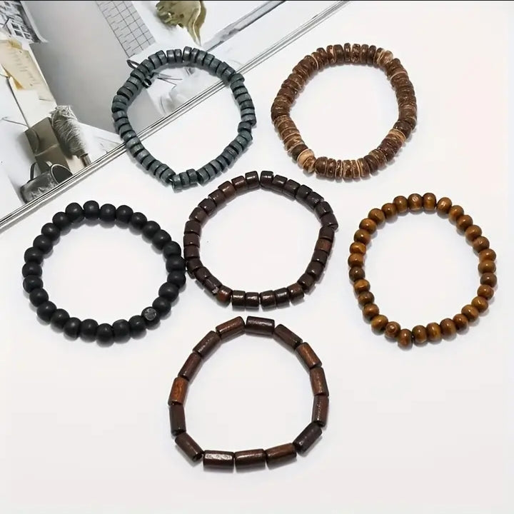 Stackable wooden beaded  men bracelet set