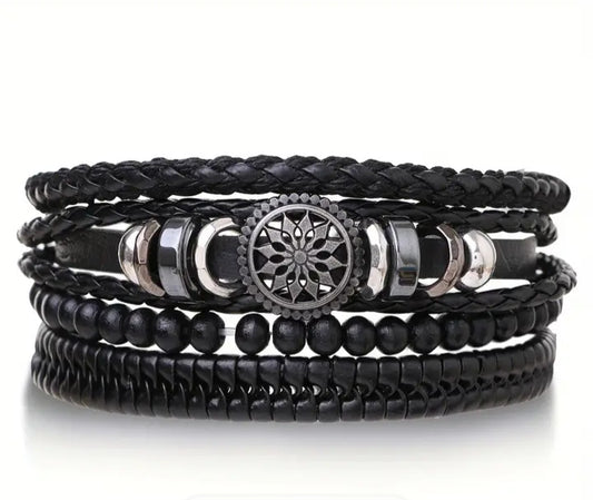 Beaded and braided leather bracelet set