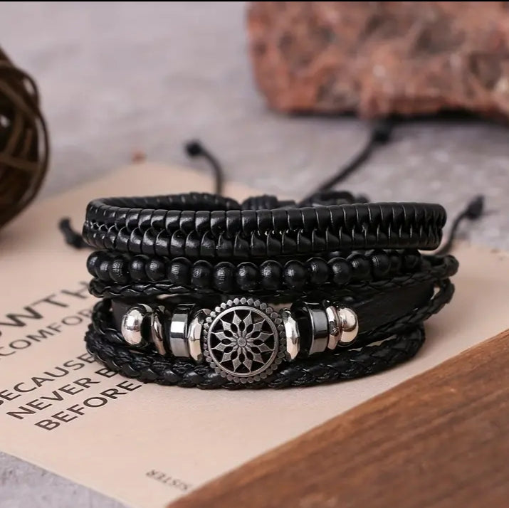 Beaded and braided leather bracelet set