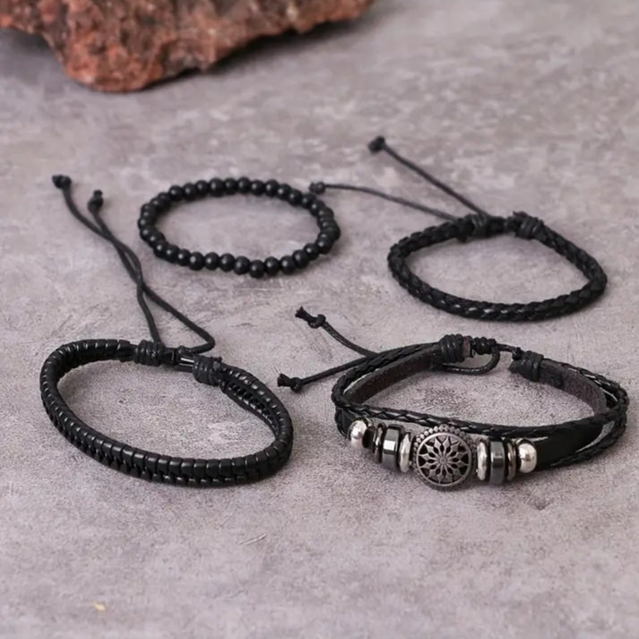 Beaded and braided leather bracelet set