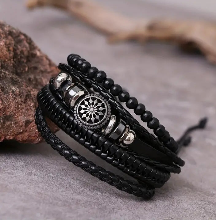 Beaded and braided leather bracelet set
