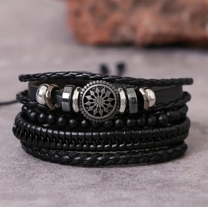 Beaded and braided leather bracelet set