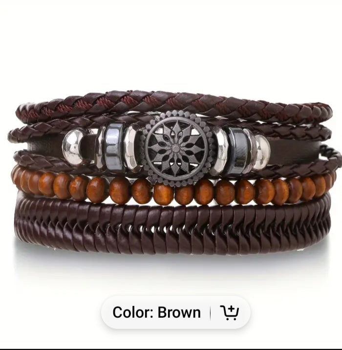 Beaded and braided leather bracelet set
