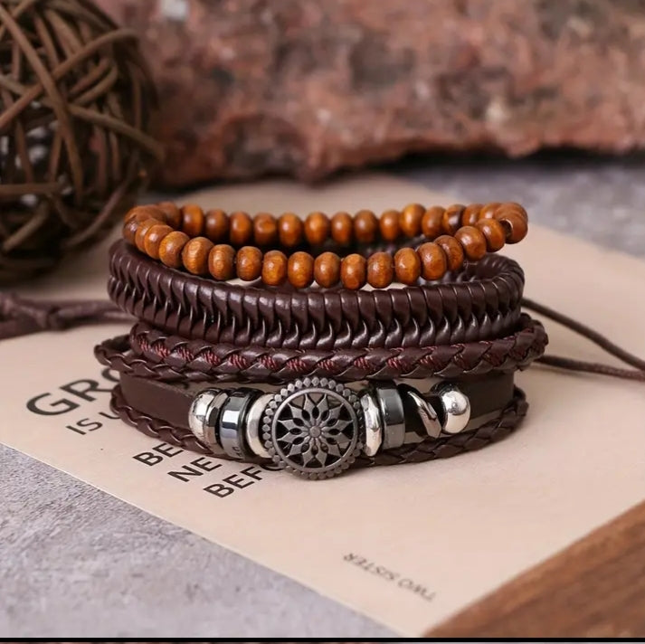 Beaded and braided leather bracelet set