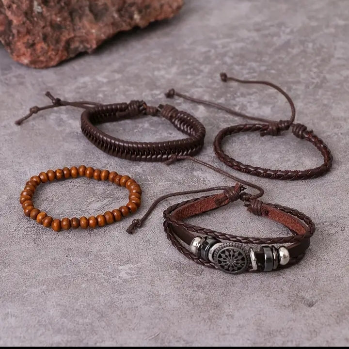 Beaded and braided leather bracelet set